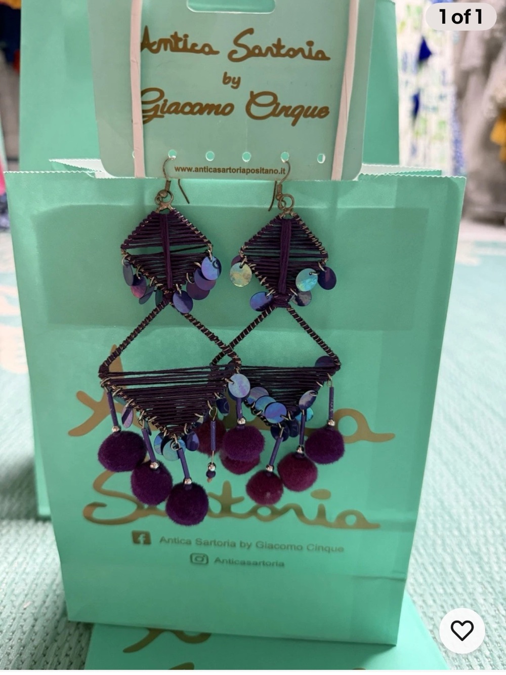 Antica Sartoria Purple Triangle Beaded Pom Drop Earrings NWT